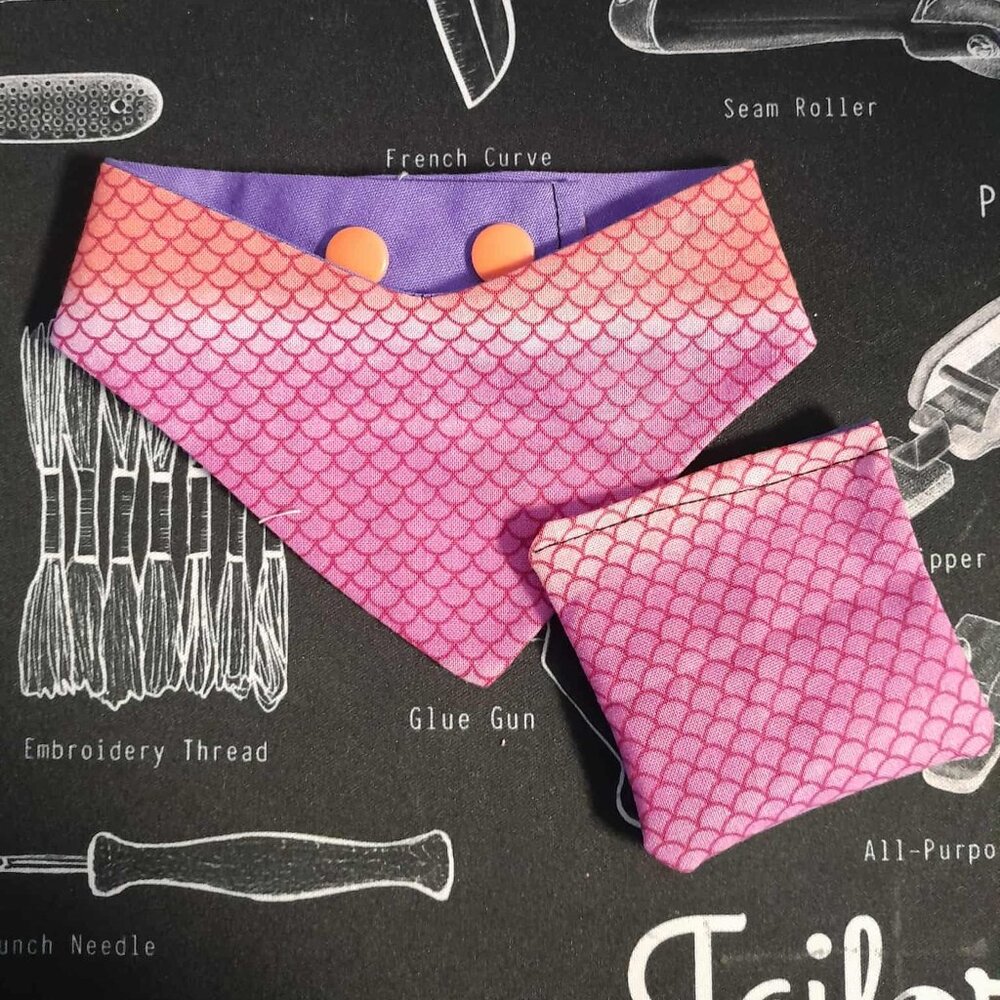 🪡Handmade CATS Reversible Mermaid/Purple Bandana and Catnip Pouch Set